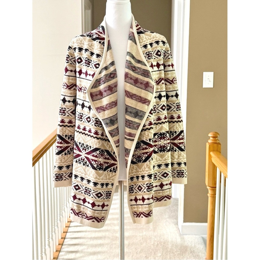 Lucky Brand Womens Southwestern Geometric Open Front Cardigan Sweater Burgundy L